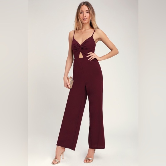 LUSH Geanna Burgundy Twist-Front Jumpsuit - Picture 1 of 11